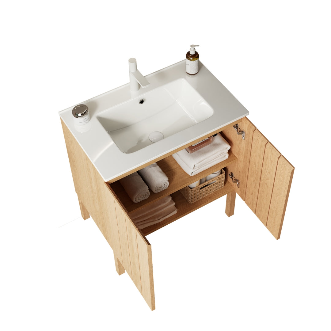 30" Modern Freestanding Bathroom Vanity with Sink, White Ceramic Basin without Faucet, Natural Wood