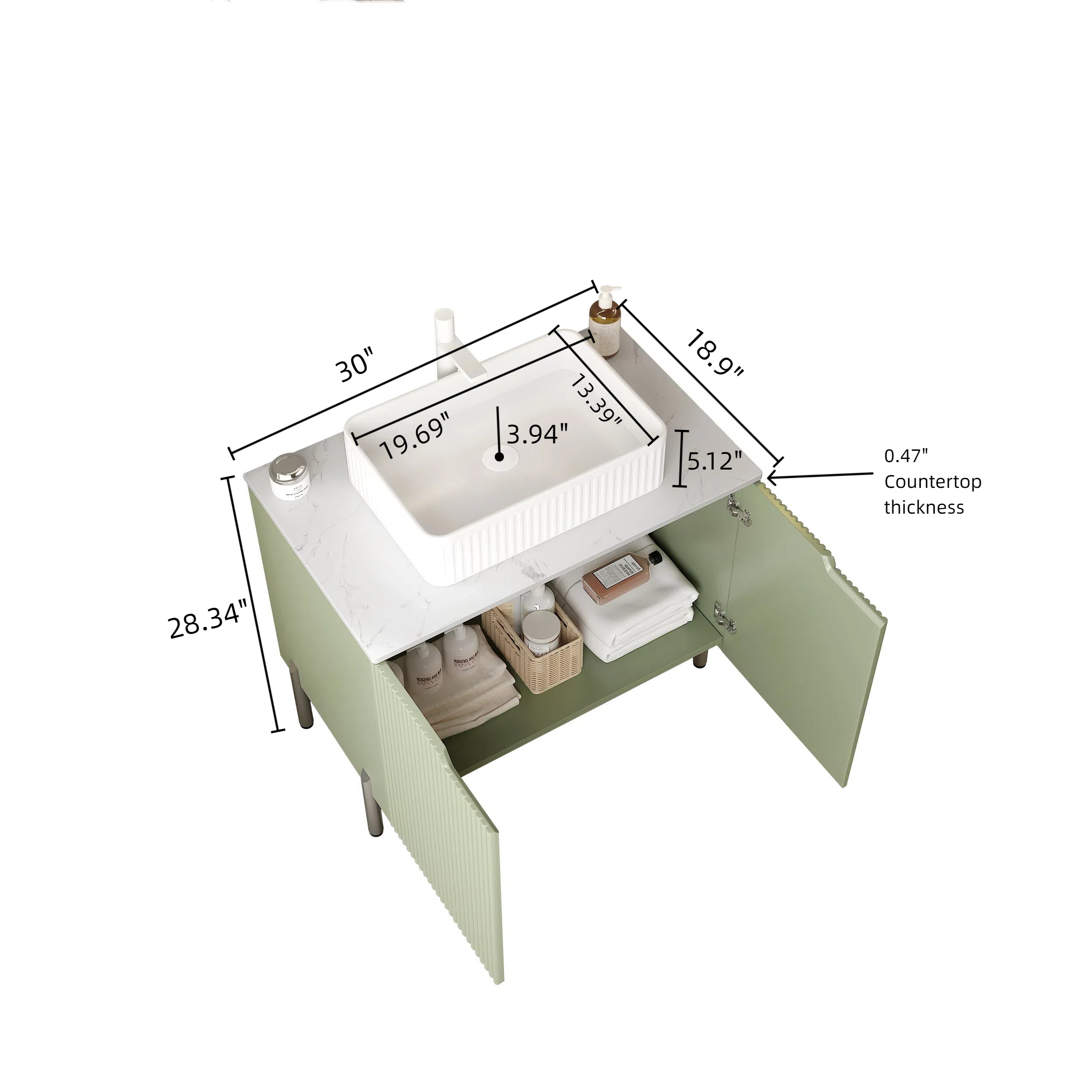 30" Bathroom Vanity with Sink, Freestanding Cabinet with 2 Doors, Light Green