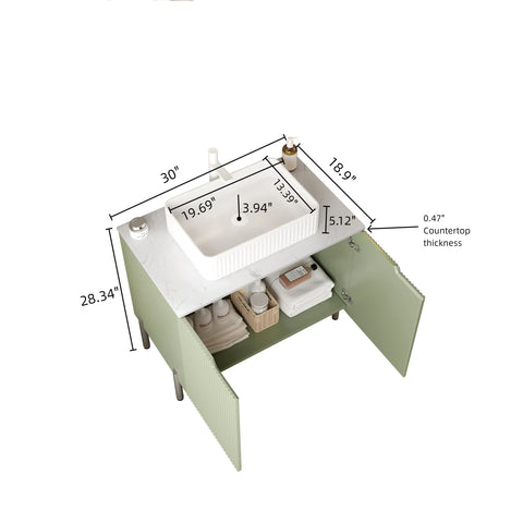 30" Bathroom Vanity with Sink, Freestanding Cabinet with 2 Doors, Light Green