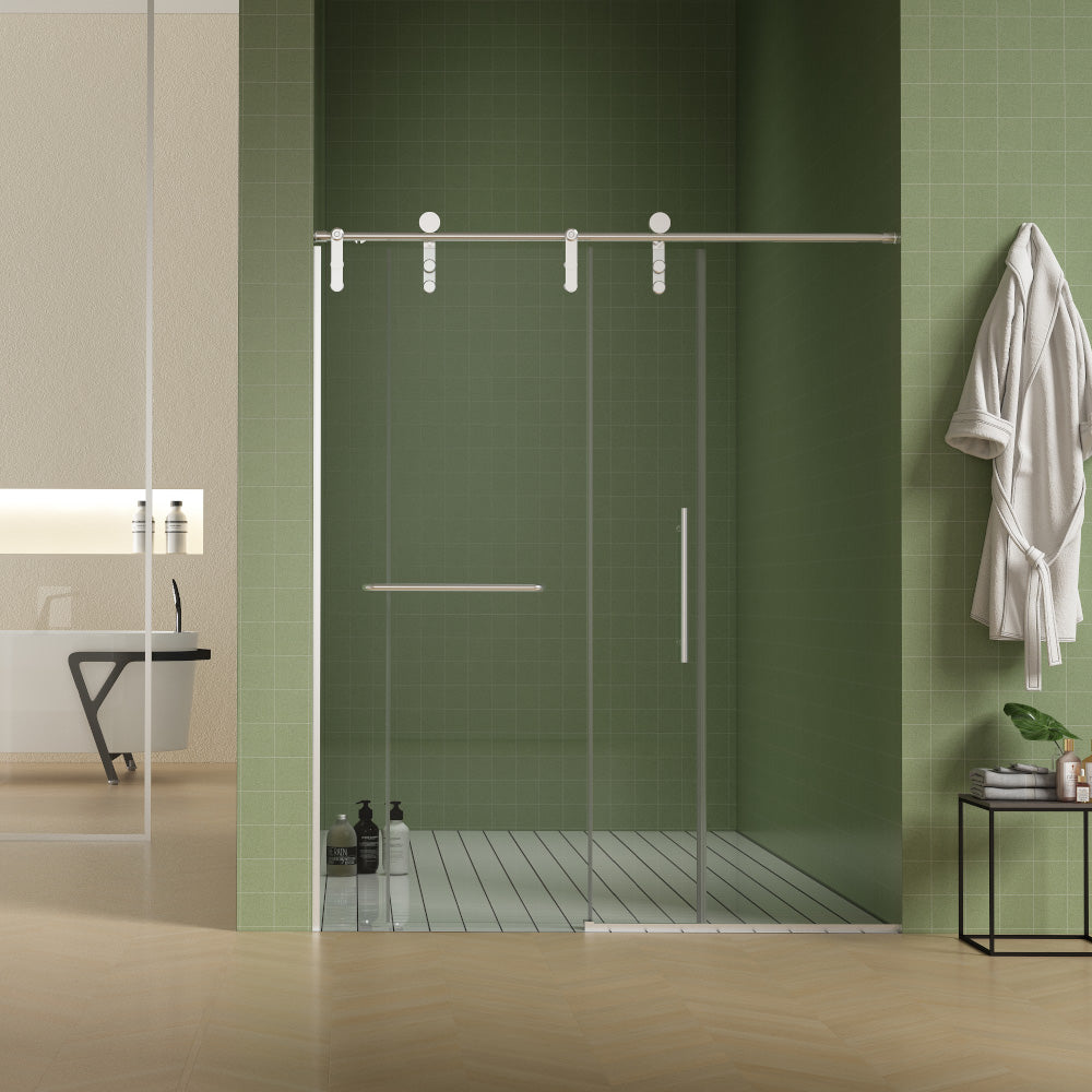 56"-60"W x 70"H Frameless Sliding Shower Door with Towel Bar, Premium 5/16"(8mm) Thick Tempered Glass, Double Side Easy Clean Coat, Brushed Nickel Finished With Buffer