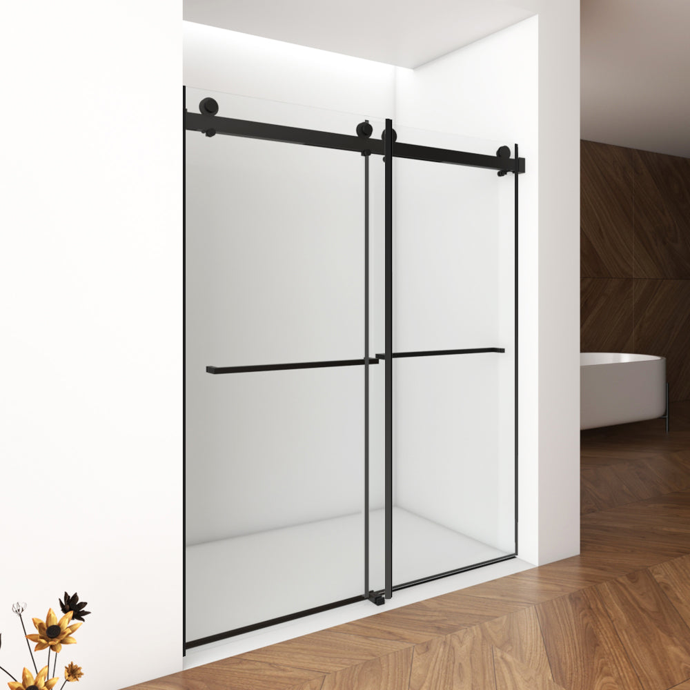 56"-60"W x 76"H Frameless Double Sliding Shower Door, 3/8'' (10mm) Clear Tempered Glass with Square Rail, Double Side Easy Clean Coat, Matte Black Finished With Buffer