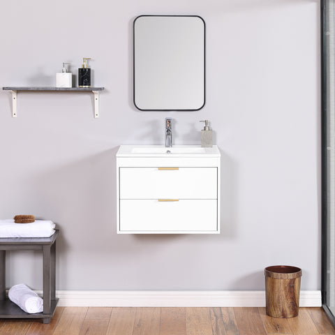 24" floating wall mounted bathroom vanity with white ceramic sink and drawer storage