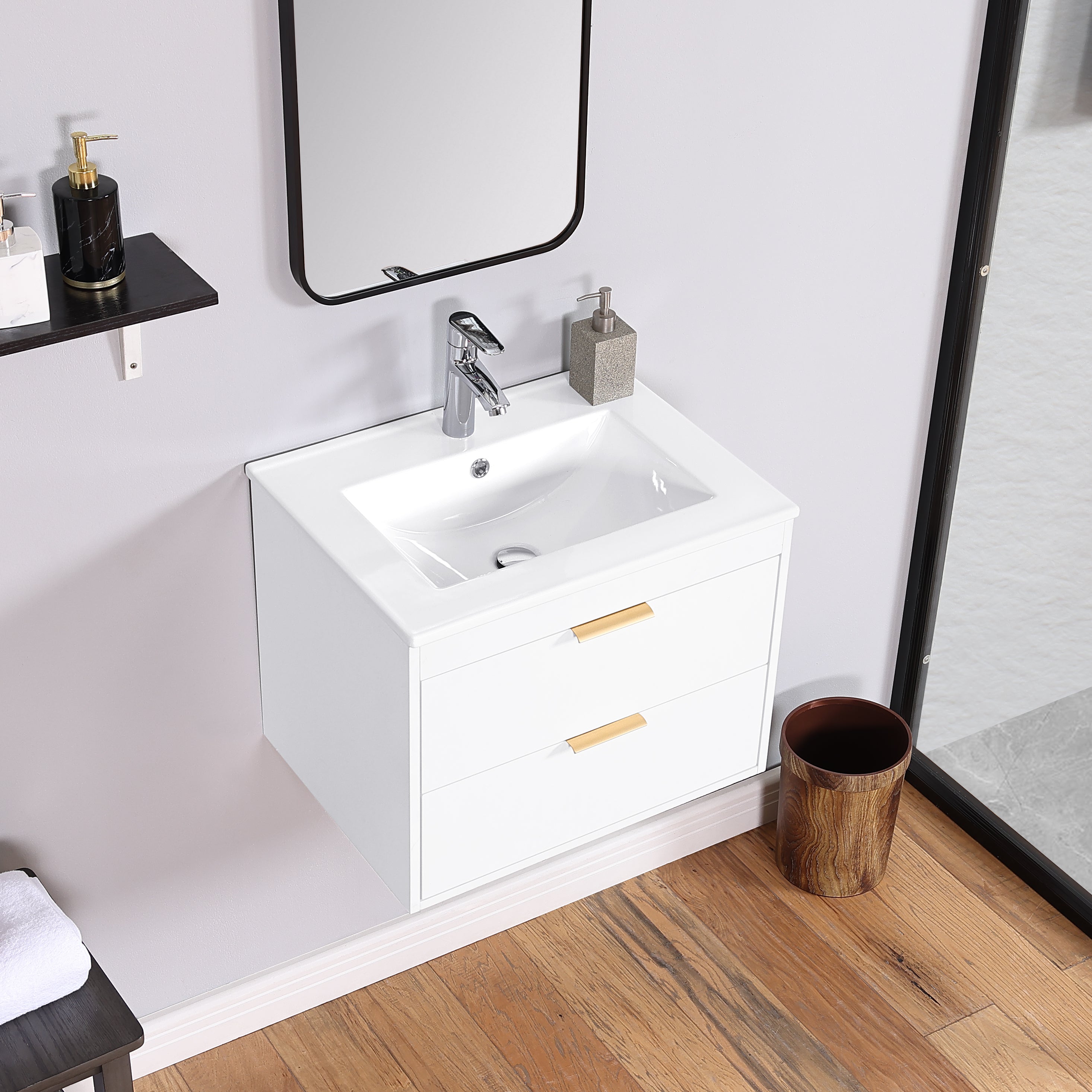 24" floating wall mounted bathroom vanity with white ceramic sink and drawer storage