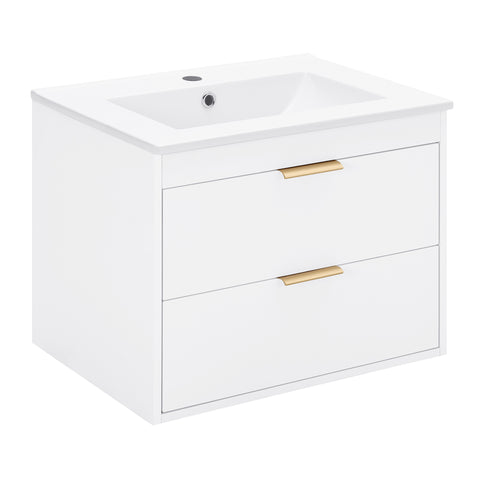 24" floating wall mounted bathroom vanity with white ceramic sink and drawer storage