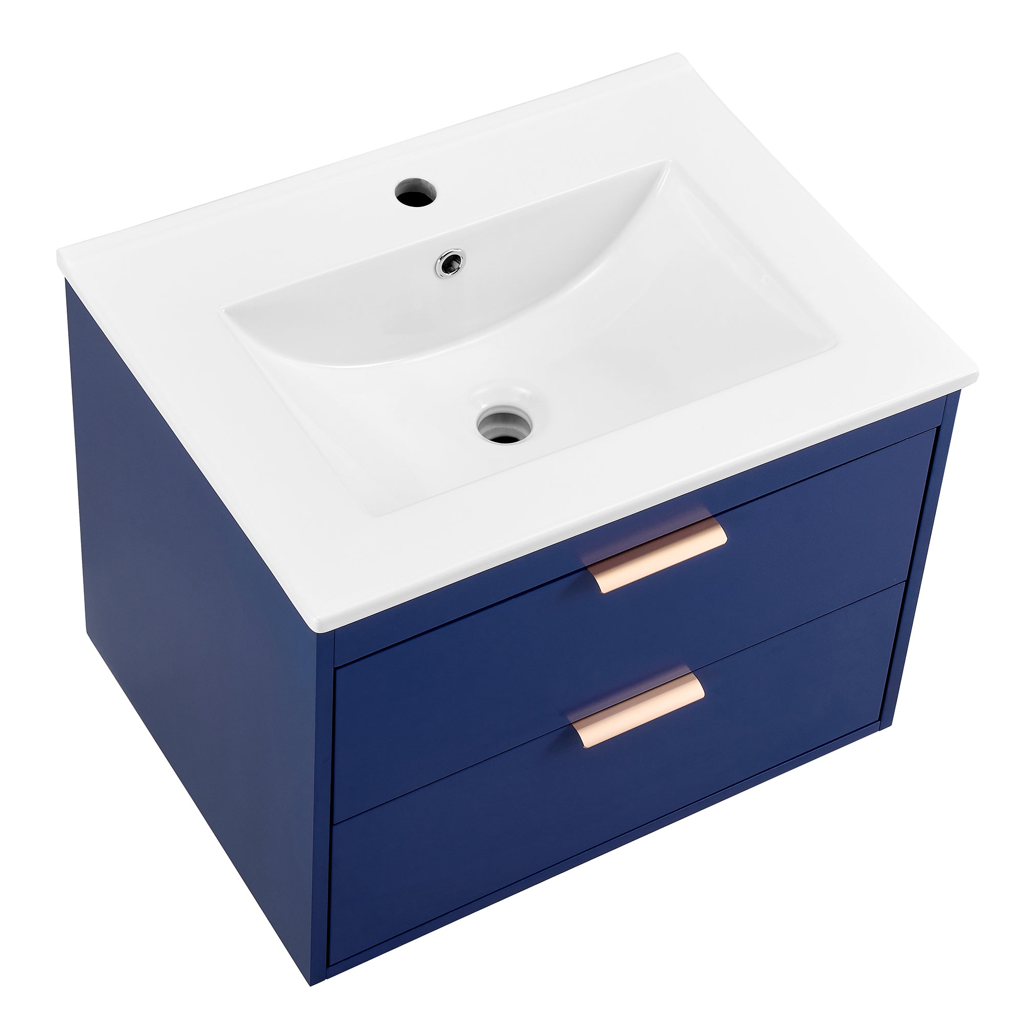 24" floating wall mounted bathroom vanity with white ceramic sink and drawer storage