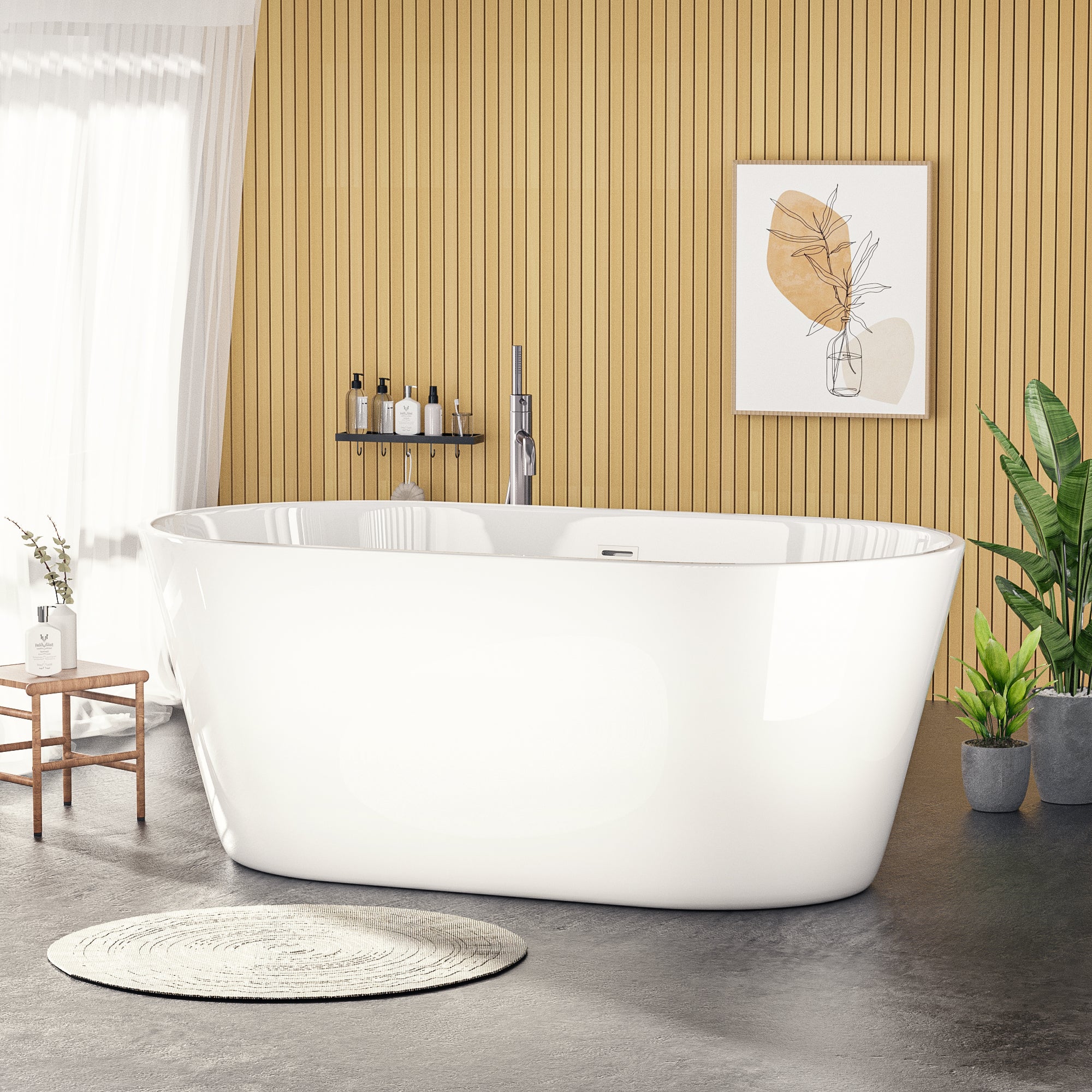 60'' Freestanding Gloss White Acrylic Soaking Bathtub with Toe-Tap Chrome Drain and Classic Slotted Overflow