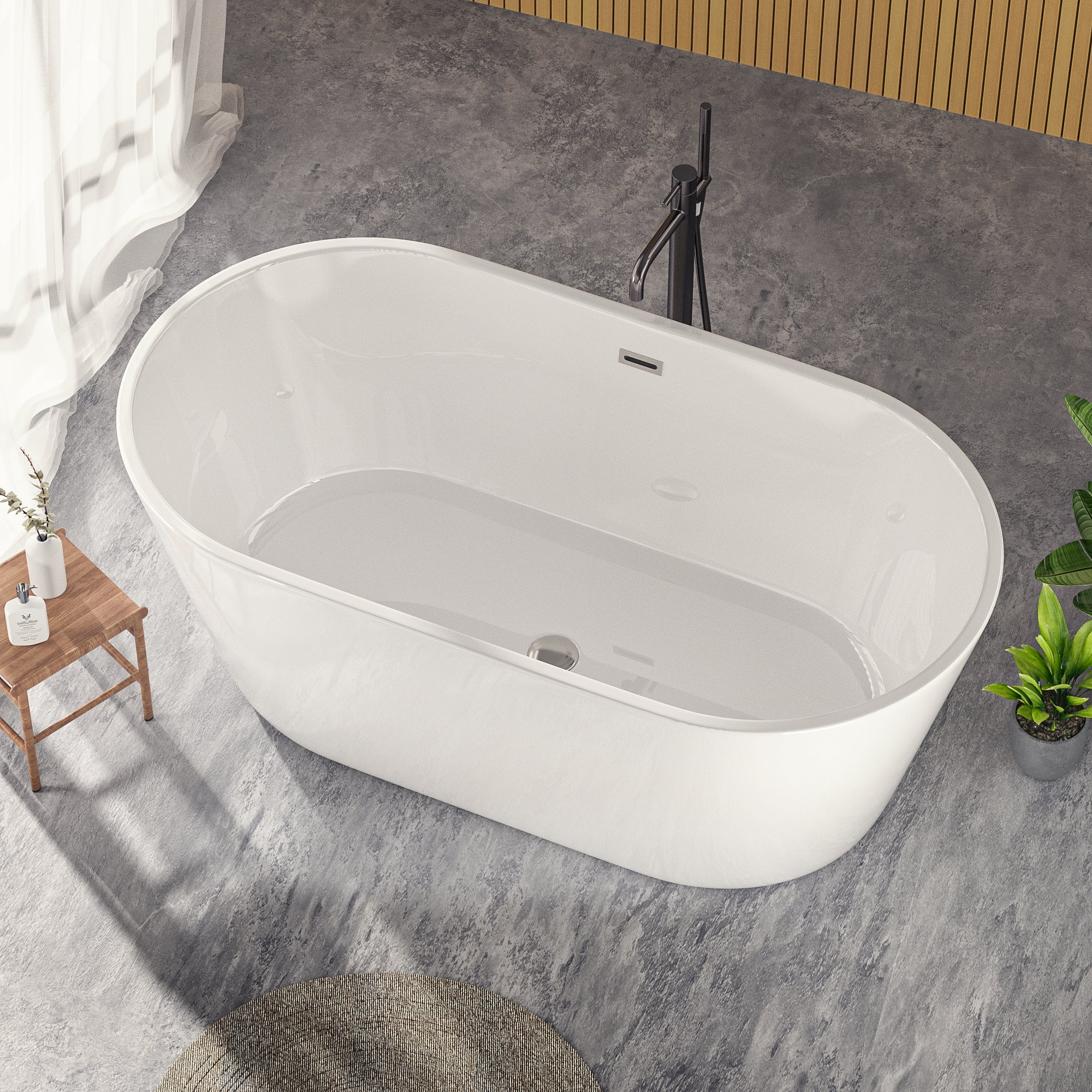 60'' Freestanding Gloss White Acrylic Soaking Bathtub with Toe-Tap Chrome Drain and Classic Slotted Overflow