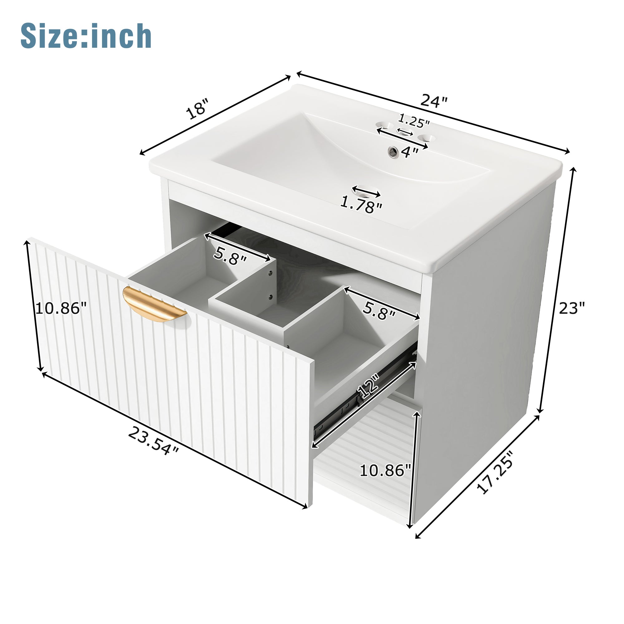 Modern 24-Inch Wall-Mounted Bathroom vanity with 2 Drawers, White