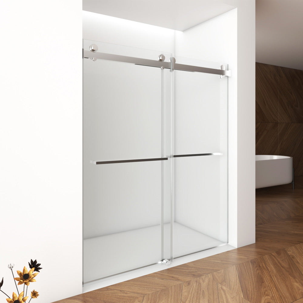 56"-60"W x 70"H Frameless Double Sliding Shower Door, 5/16"(8mm) Laminated Glass Premium Tempered Glass, Double Side Easy Clean Coat, Brushed Nickel Finished With Buffer