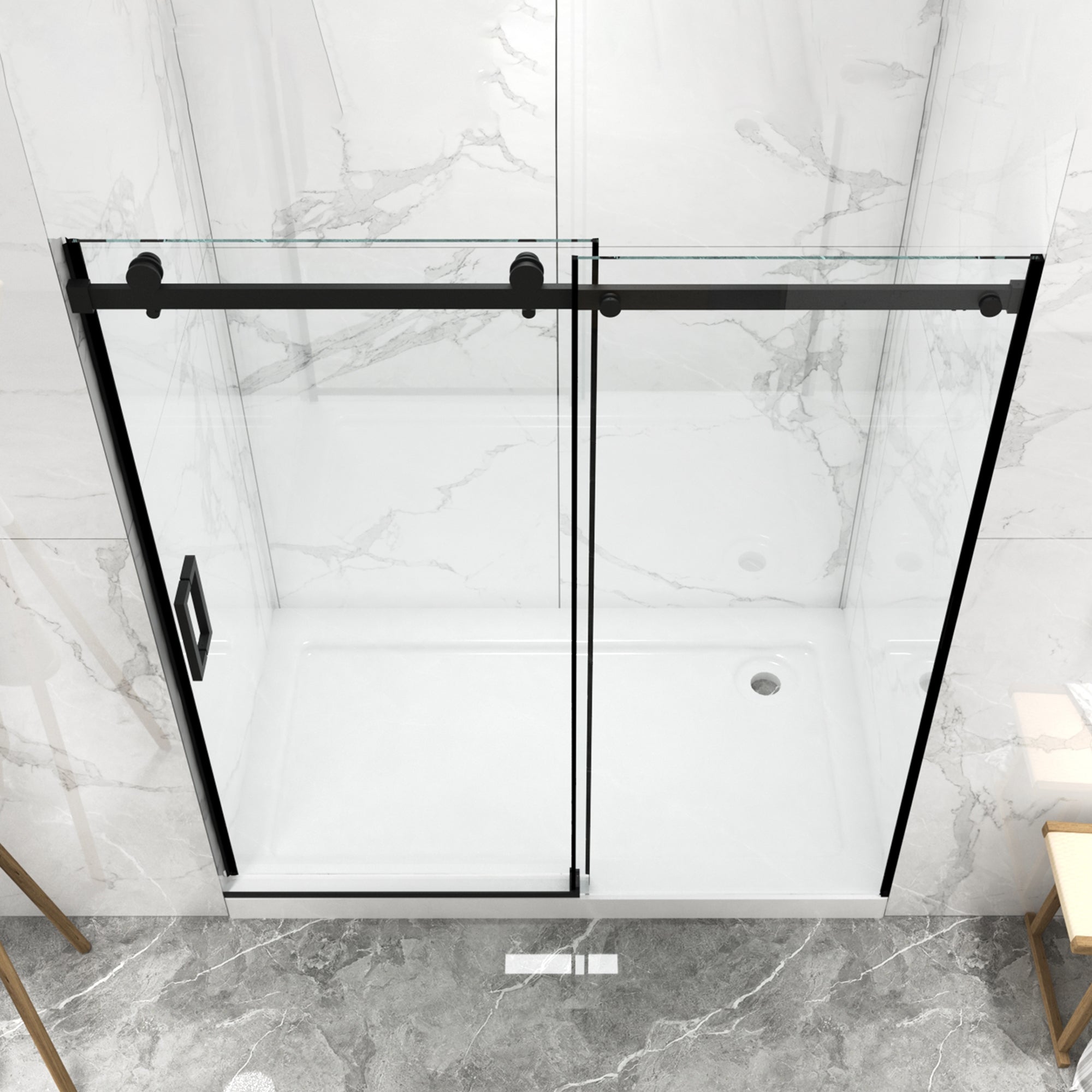 56"-60"W x 70"H Frameless Sliding Shower Door, with Premium 5/16"(8mm) Thick Tempered Glass, Matte Black Finished With Buffer