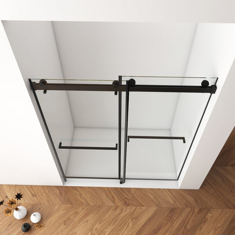 56"-60"W x 76"H Frameless Double Sliding Shower Door, 3/8'' (10mm) Clear Tempered Glass with Square Rail, Double Side Easy Clean Coat, Matte Black Finished With Buffer