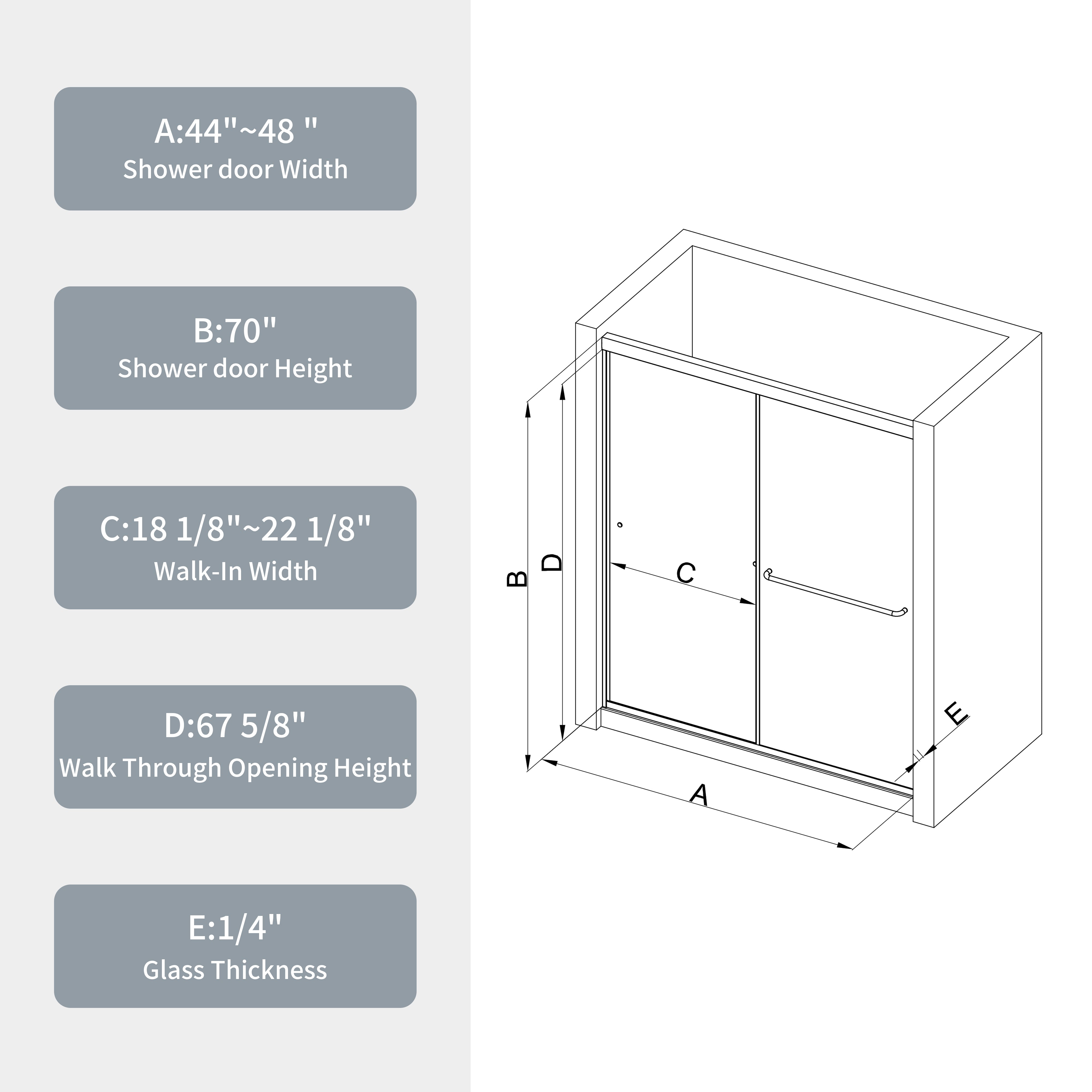 Bypass shower door, sliding door, with 1/4" tempered glass and Matted black finish 44-48"x70"