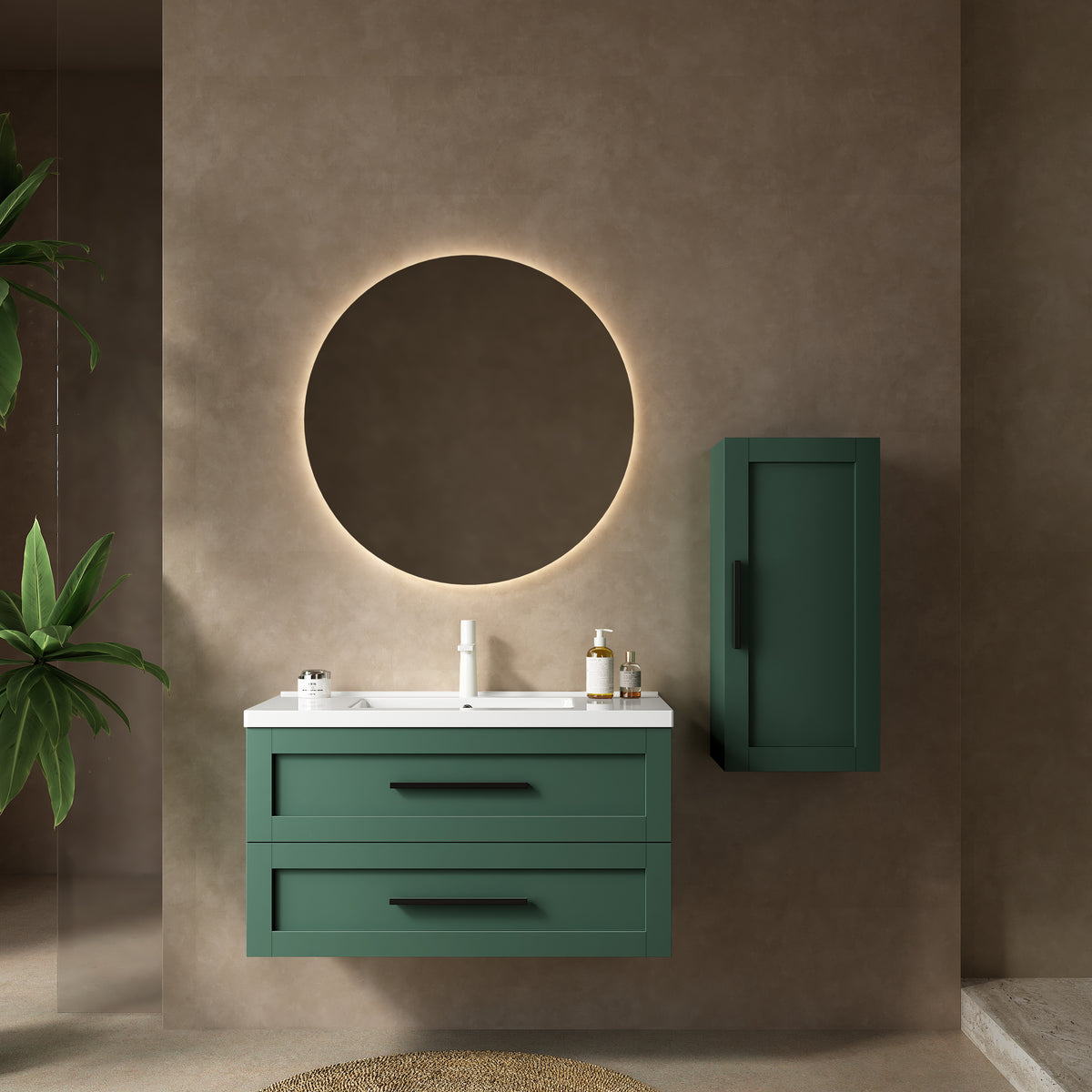 36" Bathroom Vanity with Sink, Modern Wall-Mounted White Ceramic Basin without Faucet, Green