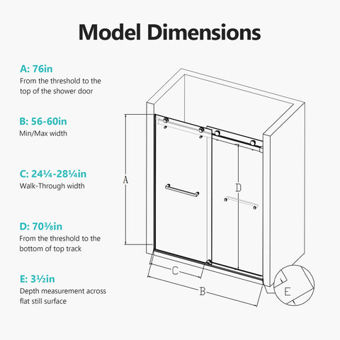 56-60 inches W *76 inches H Frameless Double Sliding Soft-Close Shower Door in Matte Black,3/8 inches (10mm) Thick SGCC Tempered Glass