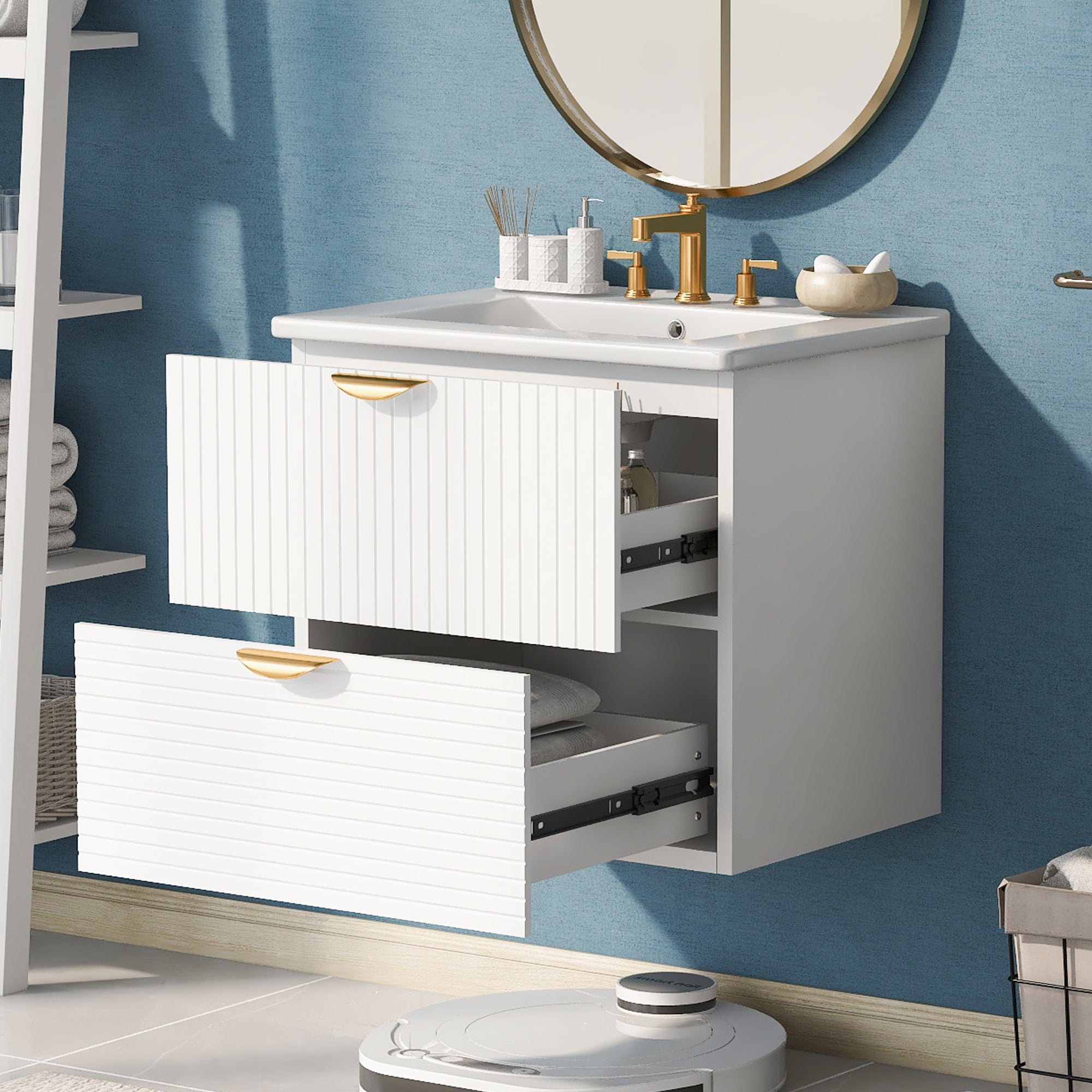 Modern 24-Inch Wall-Mounted Bathroom vanity with 2 Drawers, White