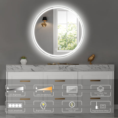 28" Round LED Bathroom Mirror – Wall-Mounted for Convenience