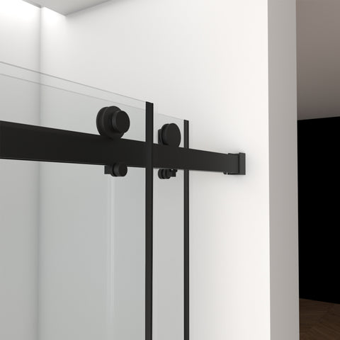 56"-60"W x 76"H Frameless Double Sliding Shower Door, 3/8'' (10mm) Clear Tempered Glass with Square Rail, Double Side Easy Clean Coat, Matte Black Finished With Buffer