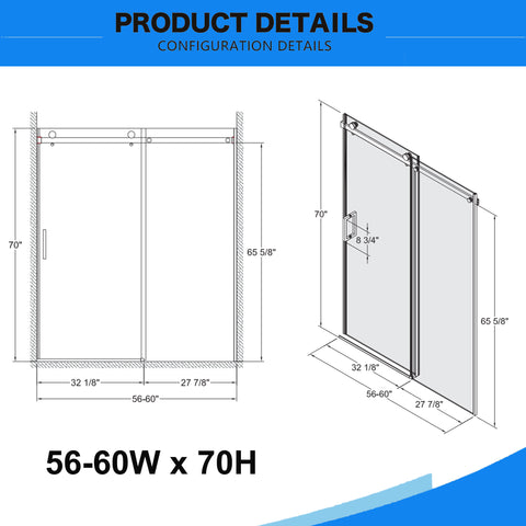 56"-60"W x 70"H Frameless Sliding Shower Door, with Premium 5/16"(8mm) Thick Tempered Glass, Matte Black Finished With Buffer