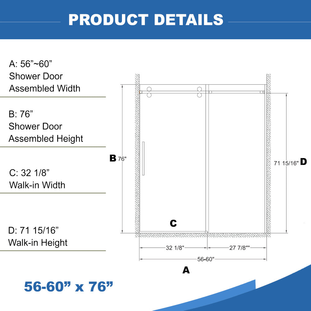 56"-60"W x 76"H Frameless Sliding Shower Door, with Premium 3/8"(10mm) Thick Tempered Glass, Double Side Easy Clean Coat, Chrom Finished With Buffer