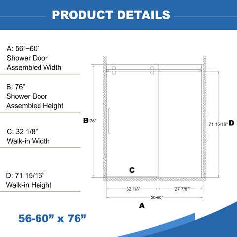 56"-60"W x 76"H Frameless Sliding Shower Door, with Premium 3/8"(10mm) Thick Tempered Glass, Double Side Easy Clean Coat, Chrom Finished With Buffer