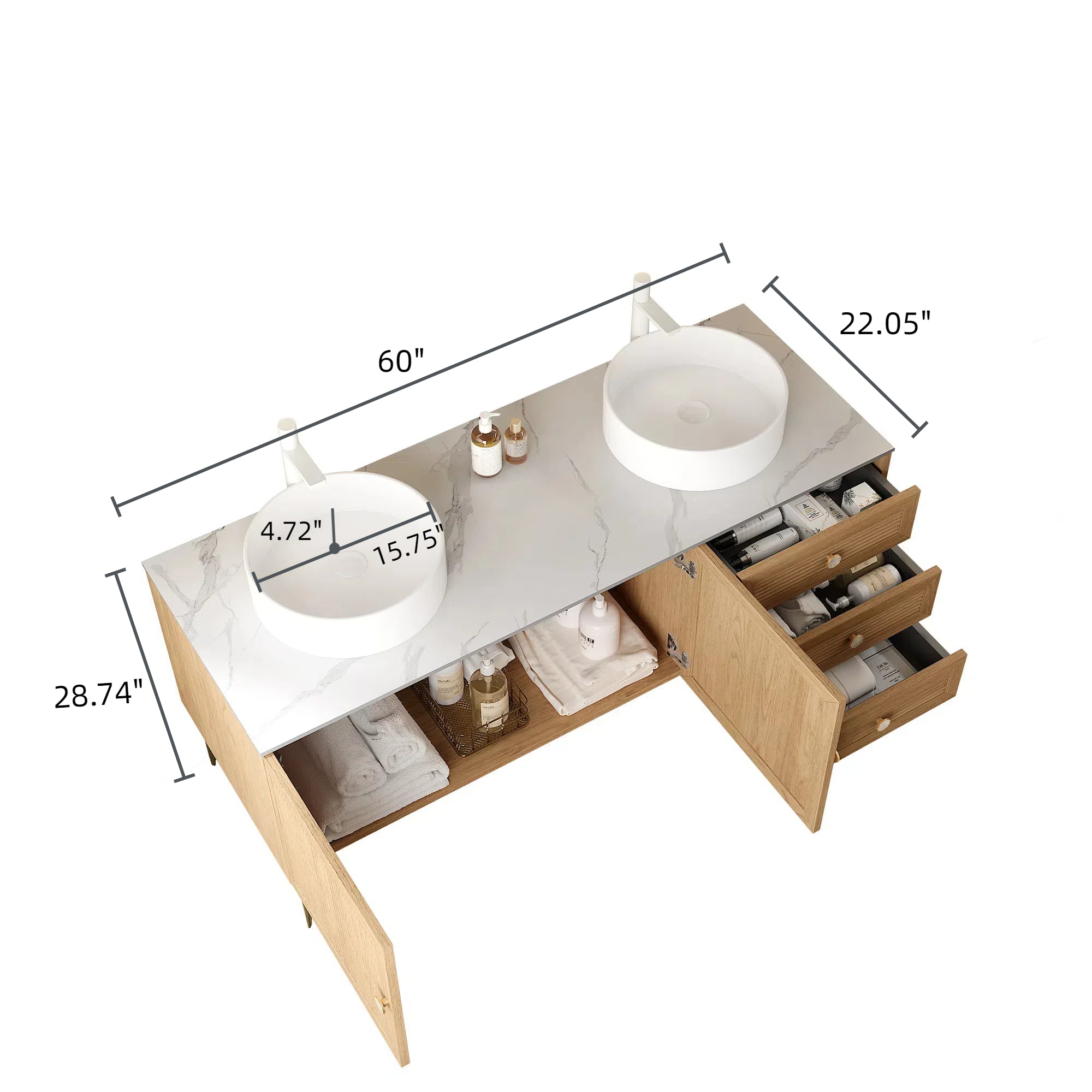 60" Double Bathroom Vanity with 2 Sinks, Oak Woodgrain Color