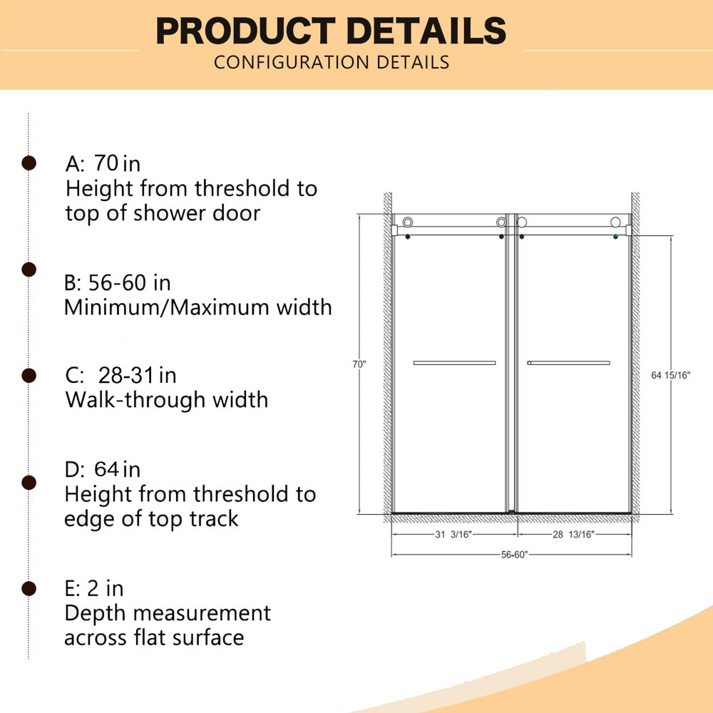 56"-60"W x 70"H Frameless Double Sliding Shower Door, 5/16"(8mm) Laminated Glass Premium Tempered Glass, Double Side Easy Clean Coat, Brushed Nickel Finished With Buffer