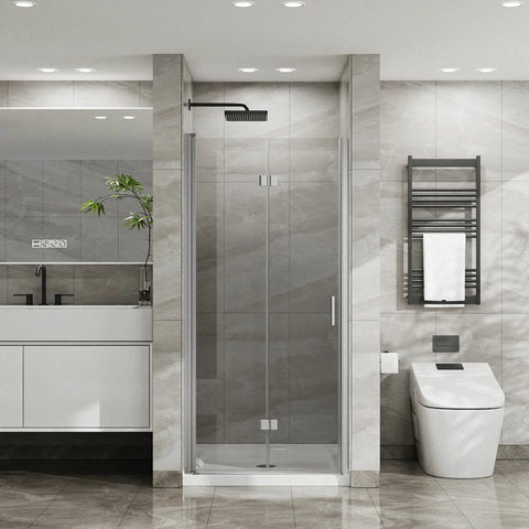 34"x 72" Bifold Frameless Glass Shower Door 1/4 inch Tempered Clear Glass Foldable Pivot Swing Door, Chrome Finish