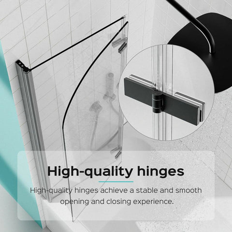 34" W x 58" H Frameless Folding Pivot Bathtub Door, 1/4" (6mm) Thick SGCC Clear Tempered Glass Door, Reversible Installation, Matte Black Finish