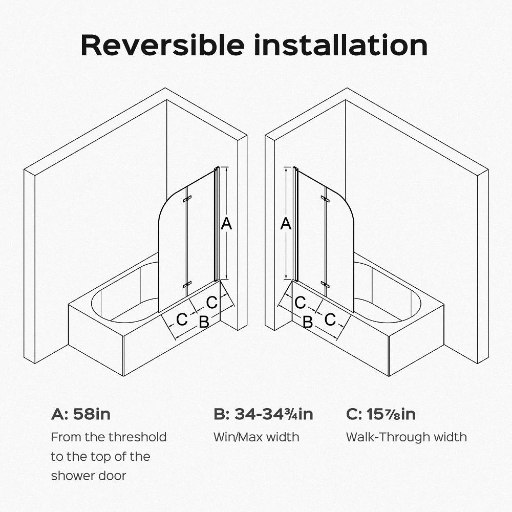 34" W x 58" H Frameless Folding Pivot Bathtub Door, 1/4" (6mm) Thick SGCC Clear Tempered Glass Door, Reversible Installation, Matte Black Finish