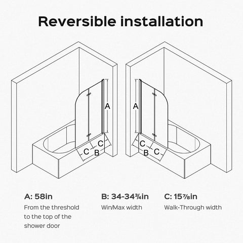 34" W x 58" H Frameless Folding Pivot Bathtub Door, 1/4" (6mm) Thick SGCC Clear Tempered Glass Door, Reversible Installation, Matte Black Finish