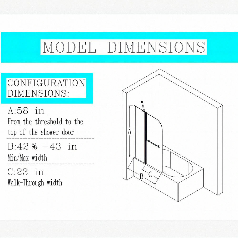 43 in. W * 58 in. H Frameless Folding Shower Doors for Bathtub, 1/4" (6mm) Thick SGCC Tempered Glass, Matte Black