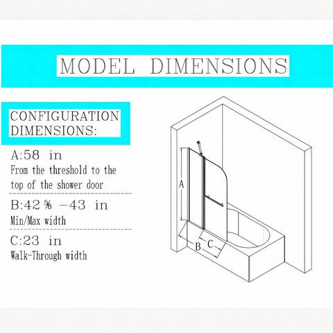 43 in. W * 58 in. H Frameless Folding Shower Doors for Bathtub, 1/4" (6mm) Thick SGCC Tempered Glass, Matte Black