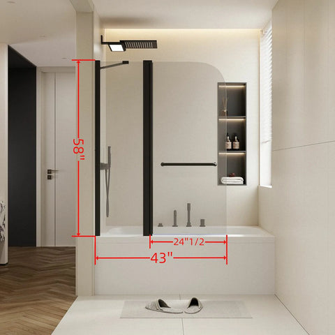 43 in. W * 58 in. H Rise and down rotation Shower Doors for Bathtub, 1/4" (6mm) Thick SGCC Tempered Glass, Aluminium Alloy Matte Black Finish