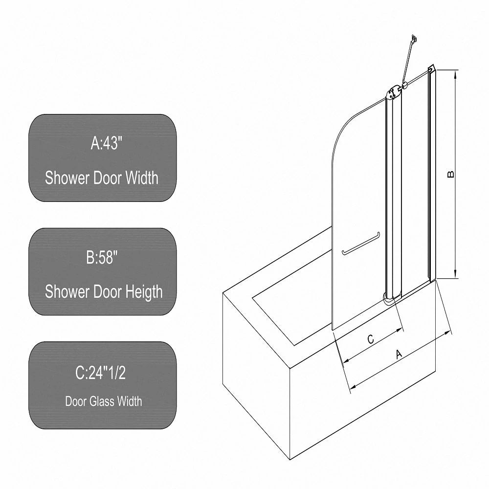 43 in. W * 58 in. H Rise and down rotation Shower Doors for Bathtub, 1/4" (6mm) Thick SGCC Tempered Glass, Aluminium Alloy Matte Black Finish