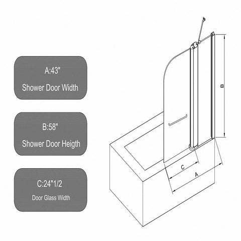 43 in. W * 58 in. H Rise and down rotation Shower Doors for Bathtub, 1/4" (6mm) Thick SGCC Tempered Glass, Aluminium Alloy Matte Black Finish