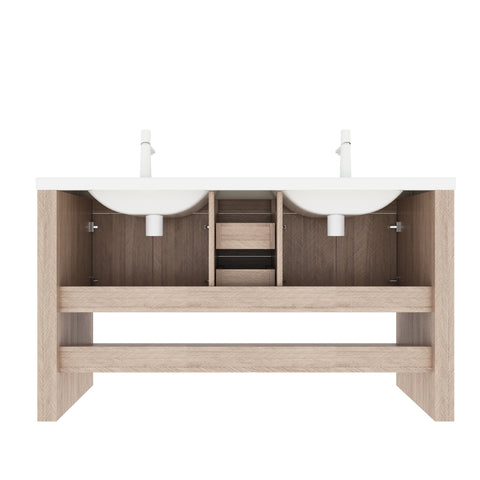 60" Bathroom Vanity with Sinks, Freestanding Oak Woodgrain Color