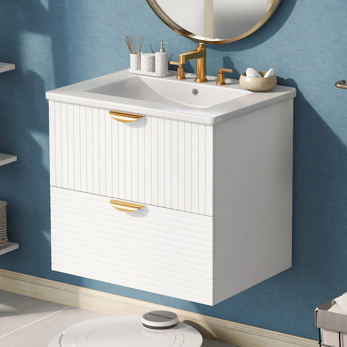 Modern 24-Inch Wall-Mounted Bathroom vanity with 2 Drawers, White