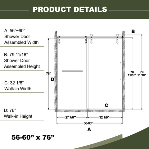 56"-60"W x 76"H Frameless Sliding Shower Door, Premium 5/16"(8mm) Thick Tempered Glass, Brushed Nickel Finished With Buffer