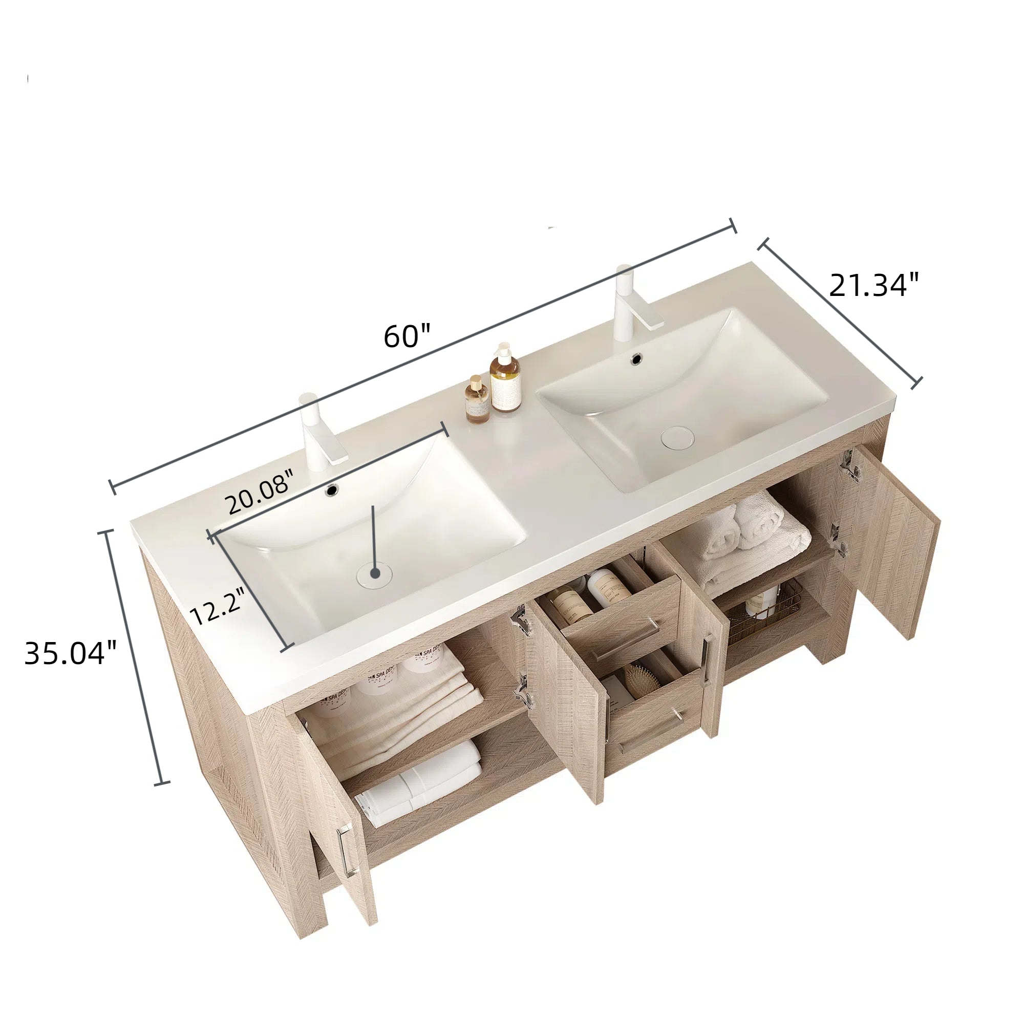 60" Bathroom Vanity with Sinks, Freestanding Oak Woodgrain Color