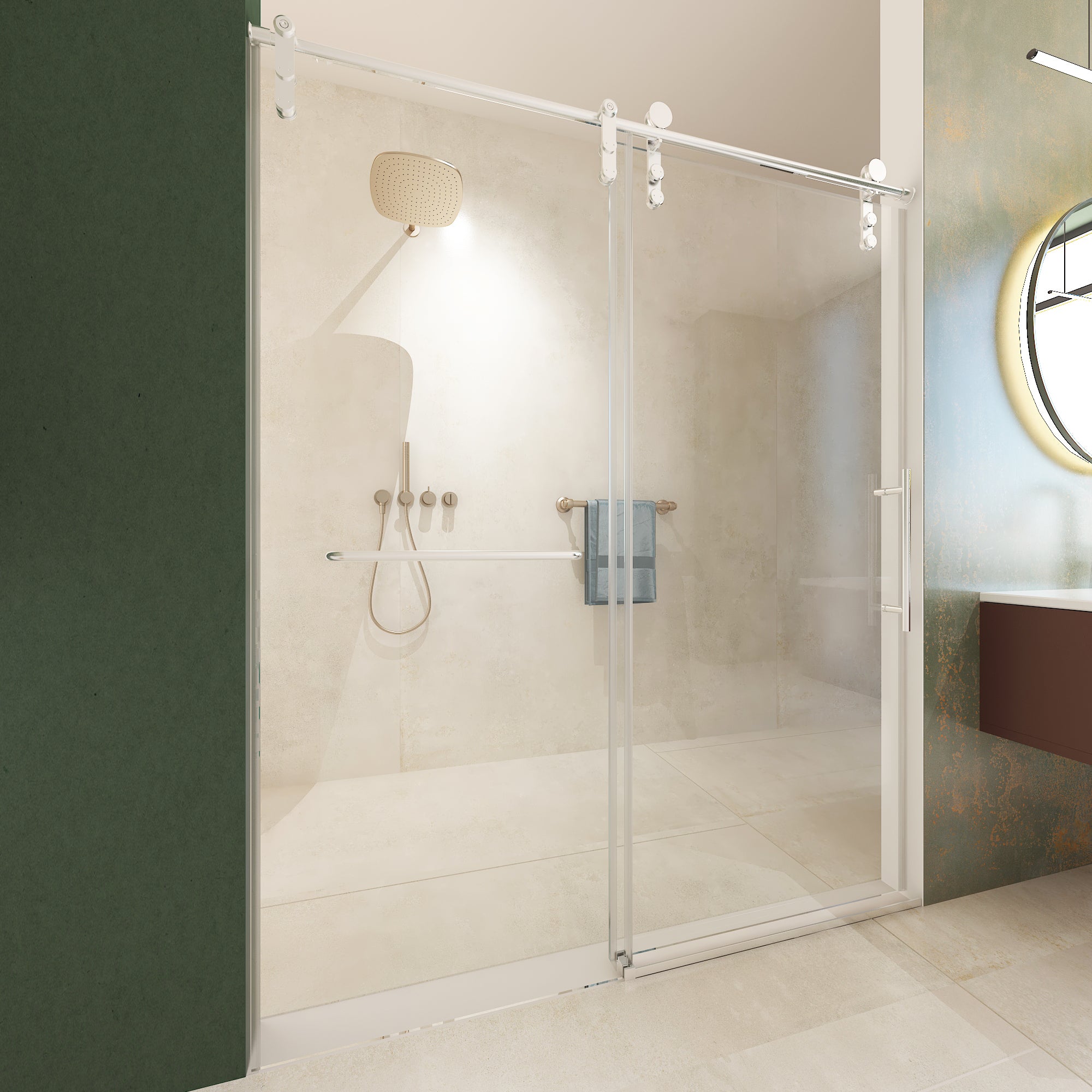 56"-60"W x 76"H Frameless Sliding Shower Door, Premium 5/16"(8mm) Thick Tempered Glass, Brushed Nickel Finished With Buffer