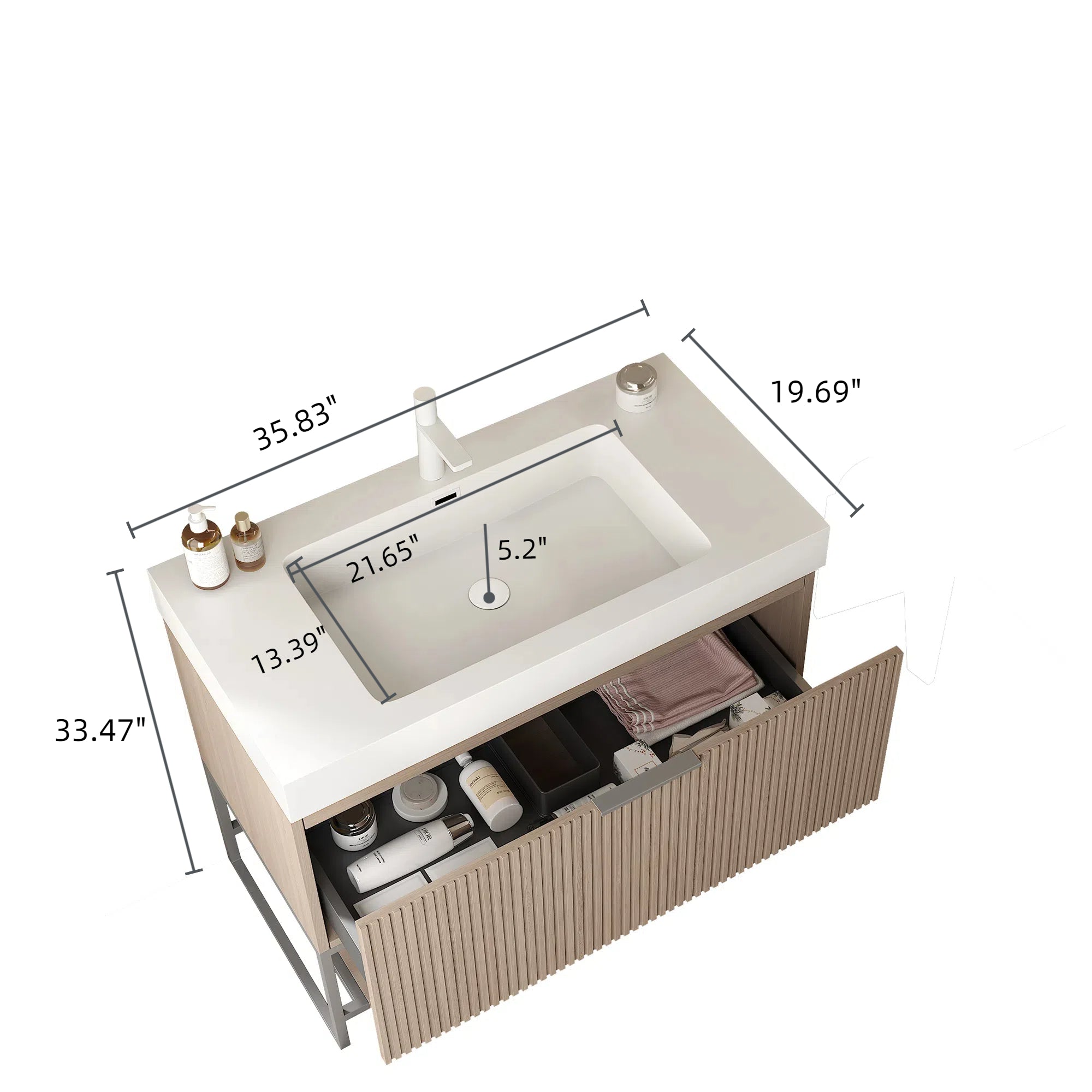 36" Freestanding Bathroom Vanity with Sink, Light Brown Oak Woodgrain Color