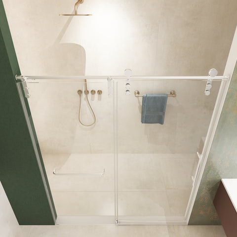 56"-60"W x 76"H Frameless Sliding Shower Door, Premium 5/16"(8mm) Thick Tempered Glass, Brushed Nickel Finished With Buffer