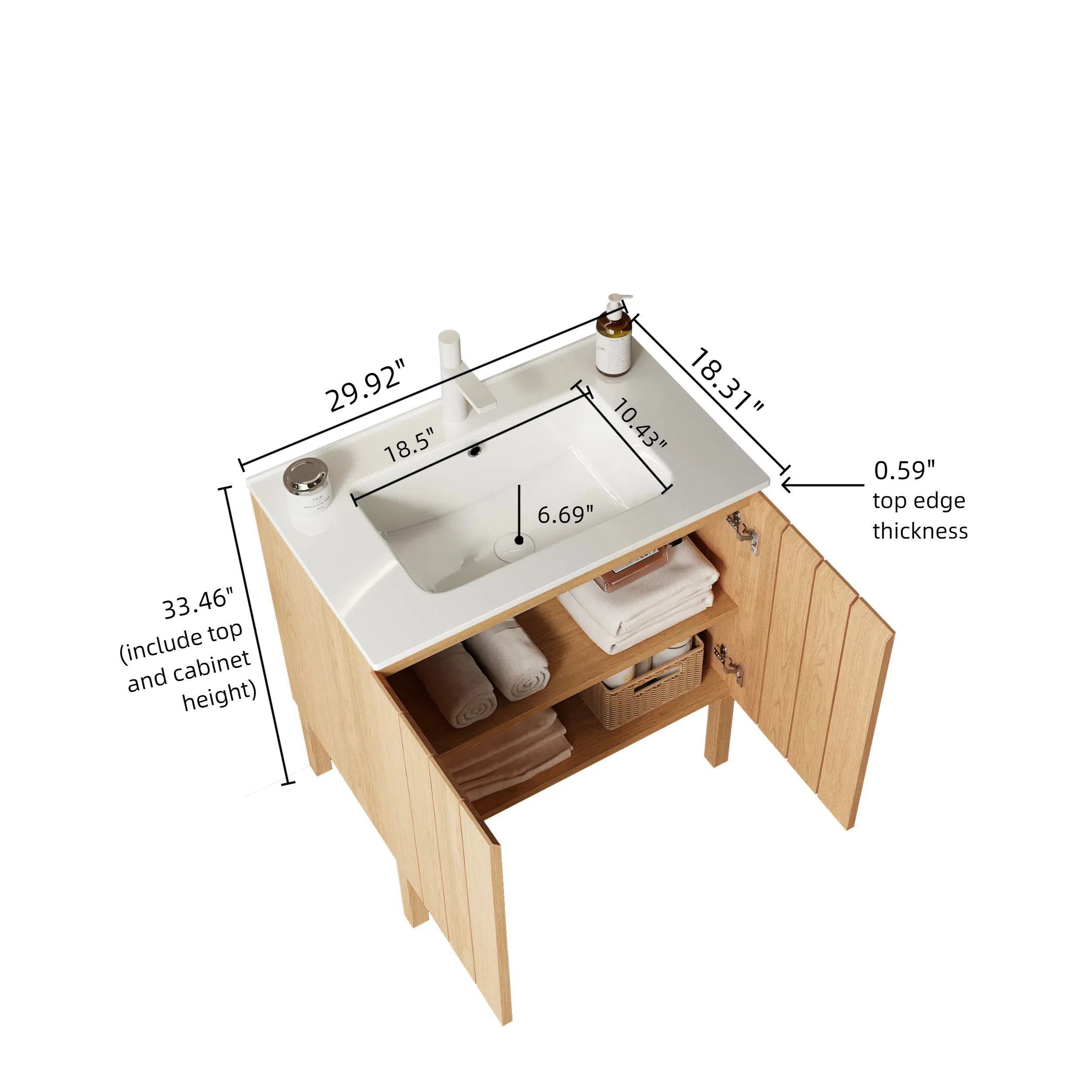 30" Modern Freestanding Bathroom Vanity with Sink, White Ceramic Basin without Faucet, Natural Wood