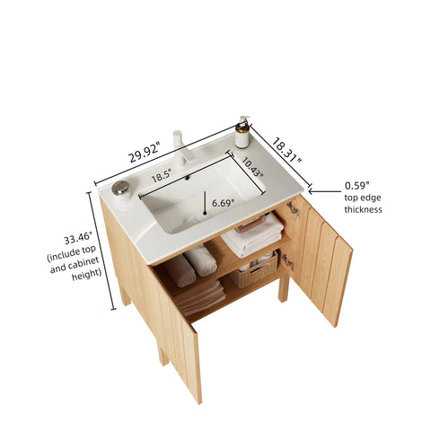 30" Modern Freestanding Bathroom Vanity with Sink, White Ceramic Basin without Faucet, Natural Wood