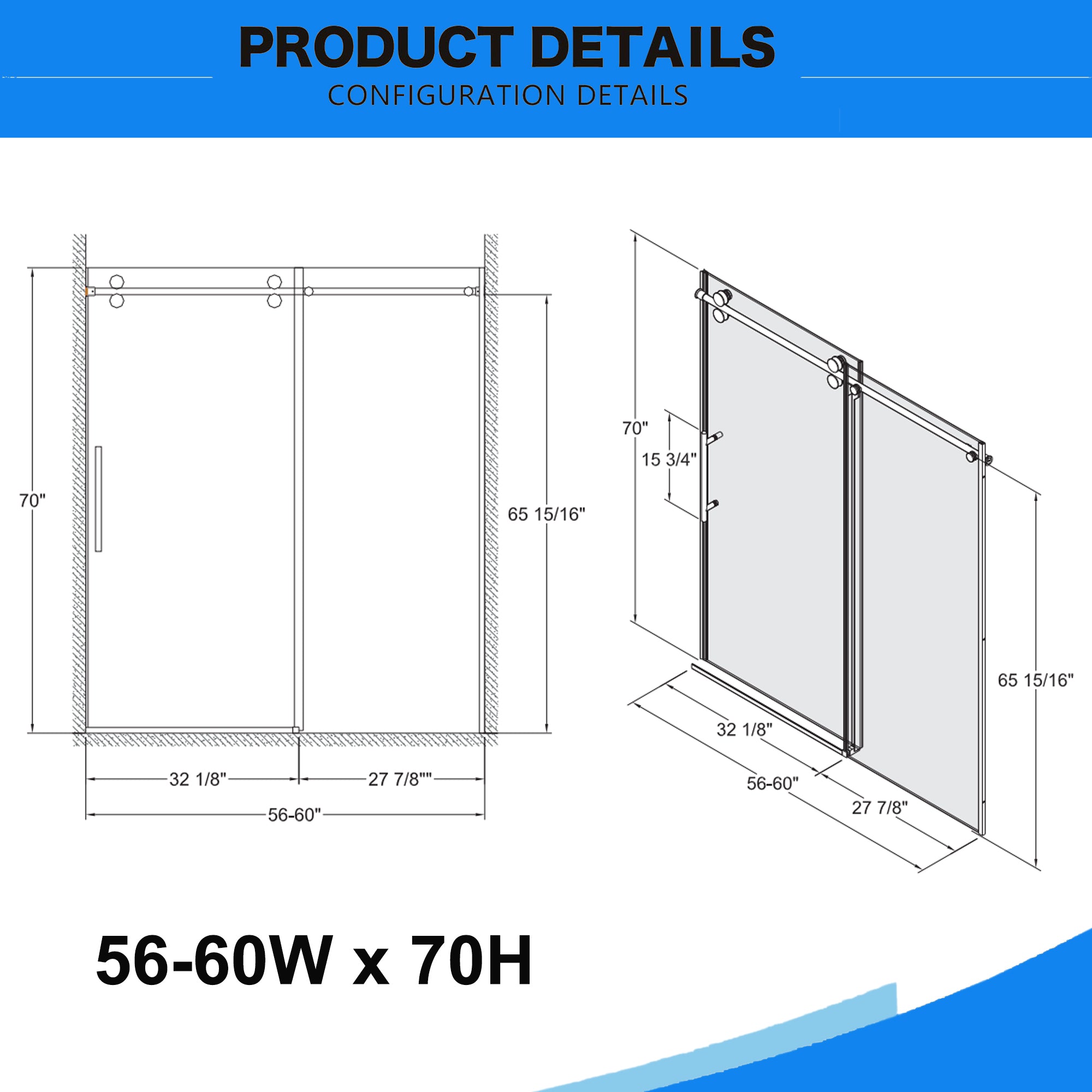 56"-60"W x 70"H Frameless Sliding Shower Door, with Premium 5/16"(8mm) Thick Tempered Glass, Double Side Easy Clean Coat, Chrom Finished With Buffer