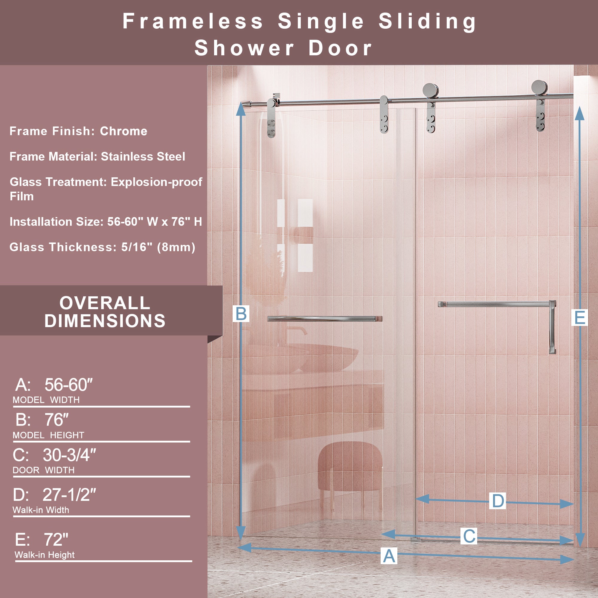 56"-60" W x 76" H Single Sliding Frameless Shower Door, 5/16" (8mm) Clear Tempered Glass, Chrome