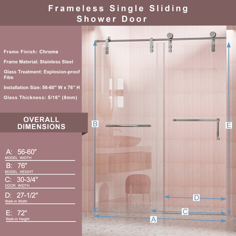 56"-60" W x 76" H Single Sliding Frameless Shower Door, 5/16" (8mm) Clear Tempered Glass, Chrome