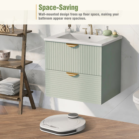 Modern 24-Inch Wall-Mounted Bathroom vanity with 2 Drawers, Green - Ideal for Small Bathrooms